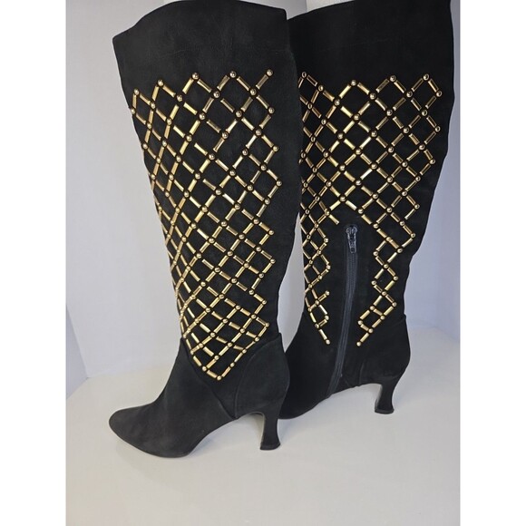 Stuart Weitzman New York Black Suede Knee High Boots-Gold Crosshatch Design Sz 7 - Picture 6 of 13